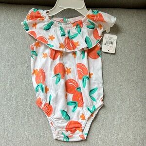 NWT Lullaby Lane 3-6M Baby girls Peach Print Ruffle Onesie
